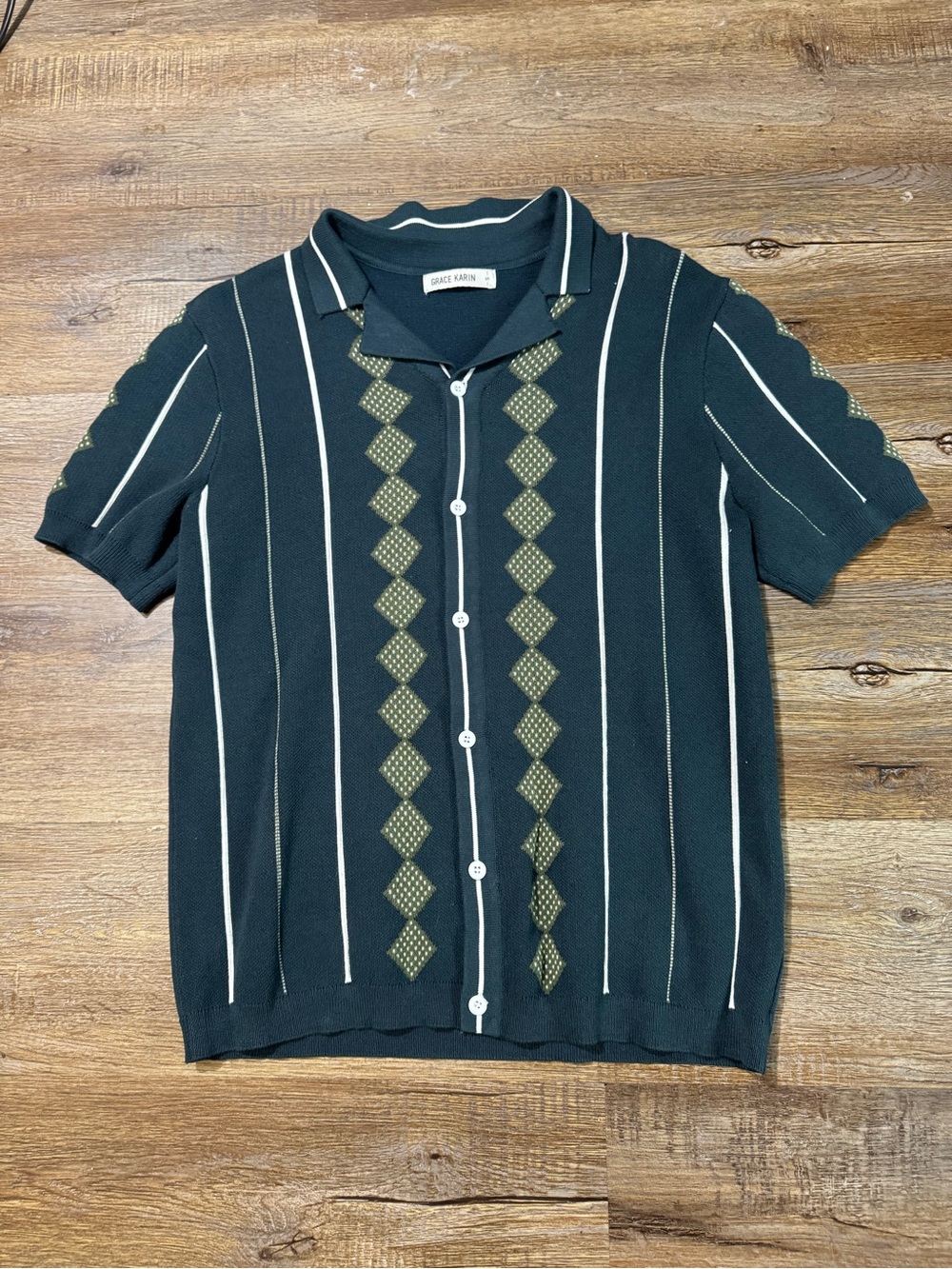 Men's Dark Green Short-Sleeve Knit Polo Sweater Button‎ Up